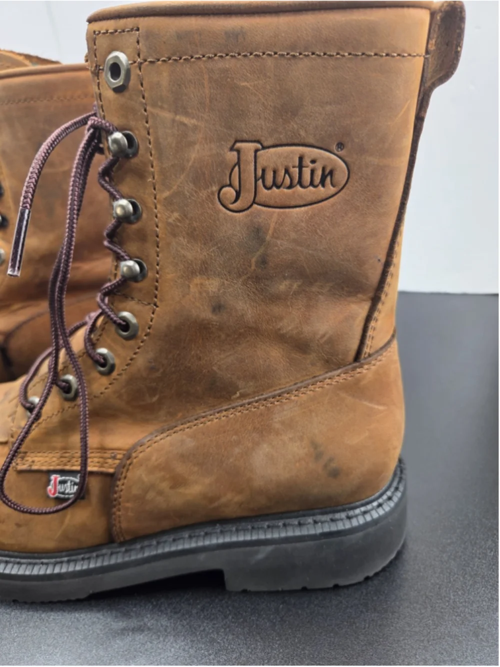 Justin Men’s Work Boots 10EE Brown Leather Lace Up EH Slip Resistant Wide #711